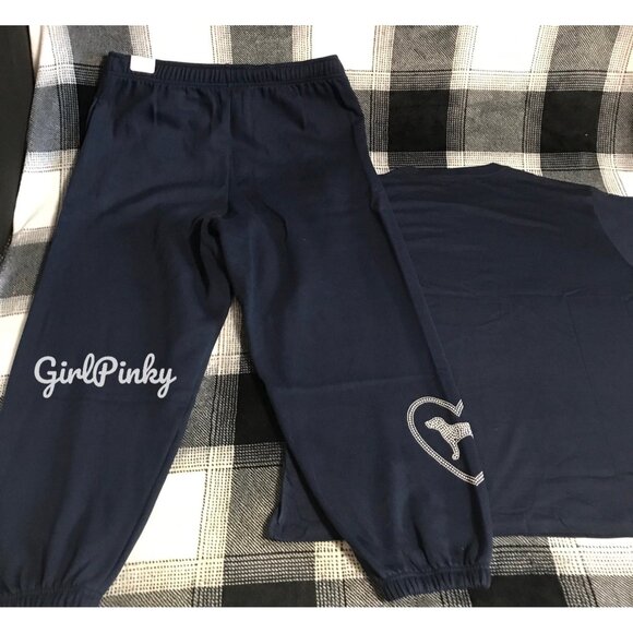 VS PINK SWEATPANTS OUTFIT & CAMPUS SHORT SLEEVE TEE IN NAVY BLUE & BLING XS-XXL - Picture 9 of 10